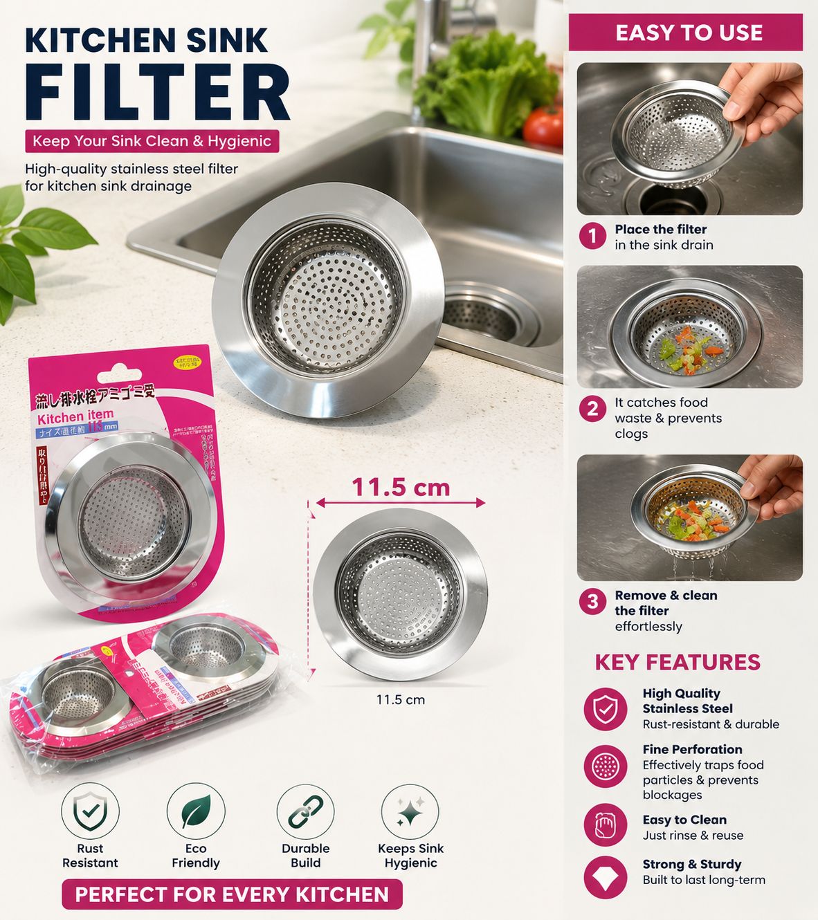 Stainless Steel Kitchen Sink Filter (Imported)